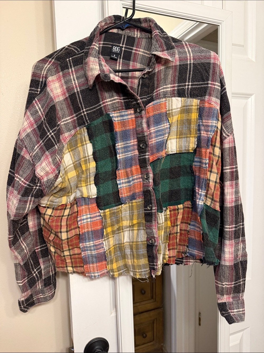 BDG Patchwork Plaid Flannel Shirt in Black, Green, Yellow, Orange, Red